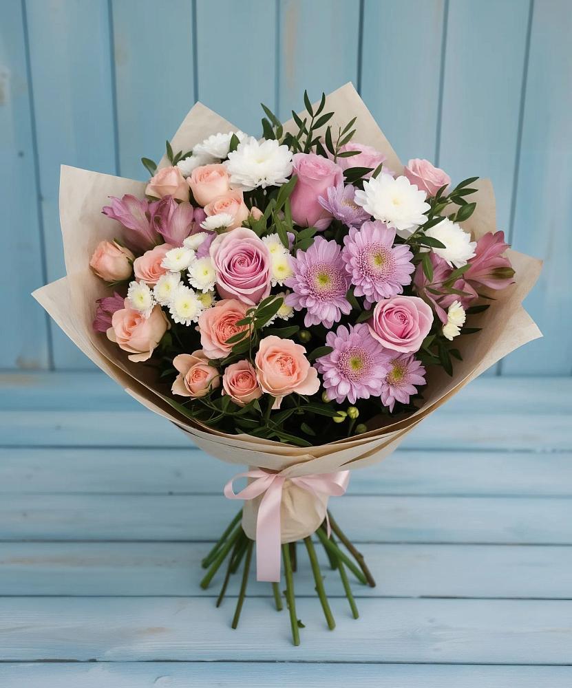 Букет цветов из: Хризантемы, Розы и Альстромерии в Красном