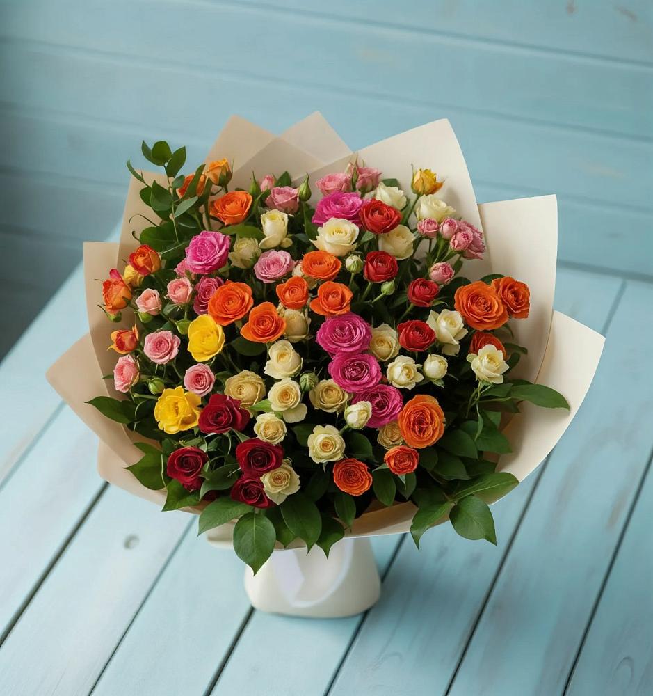 Букет Микс из разноцветных кустовых роз в Красном