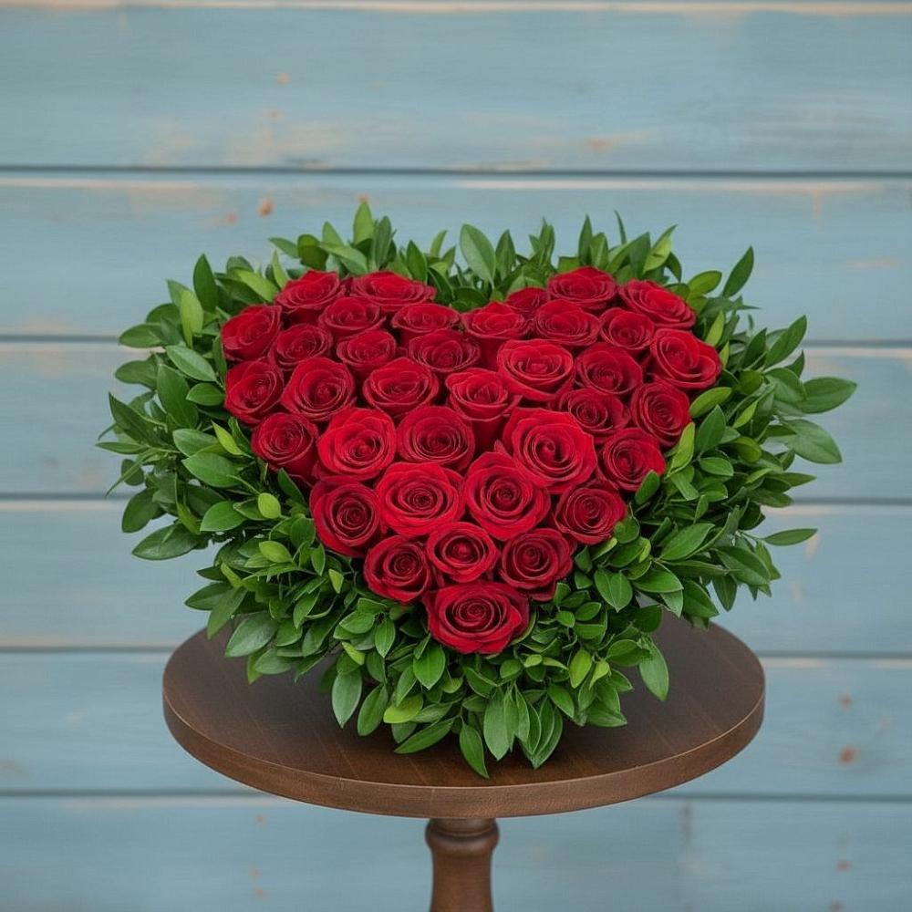 Цветочная композиция из Розы в виде сердца в Красном