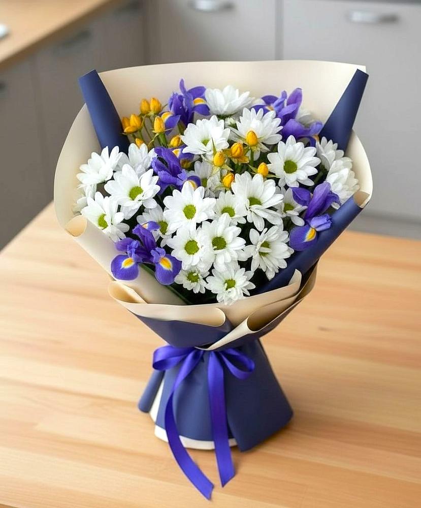 Букет цветов из: Розы, Ирисы и Хризантемы в Красном