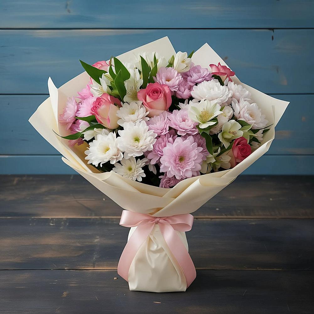 Букет цветов из: Хризантемы, Альстромерии и Розы в Красном